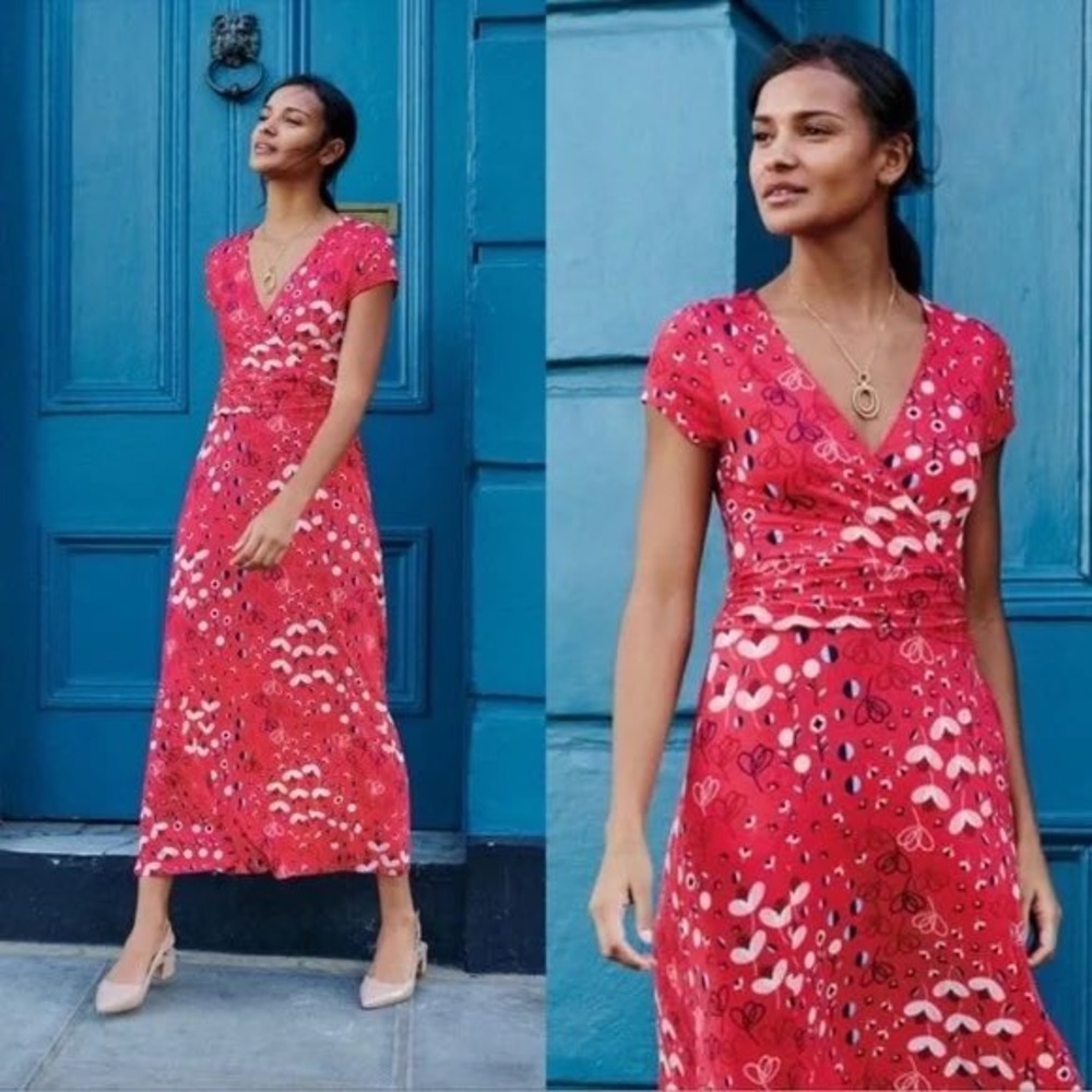 Boden Womens Lily Jersey Faux Wrap Pop Peony Meadow Dress Red Floral Size 6